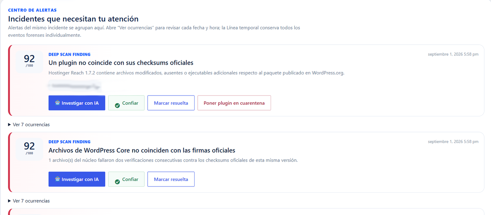 Centro de alertas de Sentinel AI