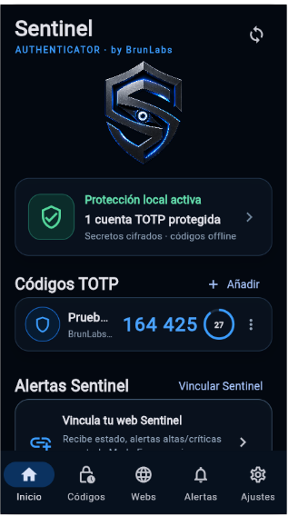 Pantalla principal de Sentinel Authenticator
