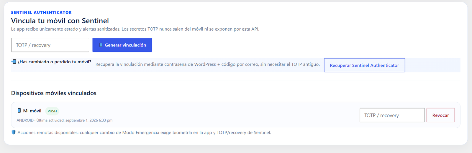 Pantalla de vinculación de Sentinel AI